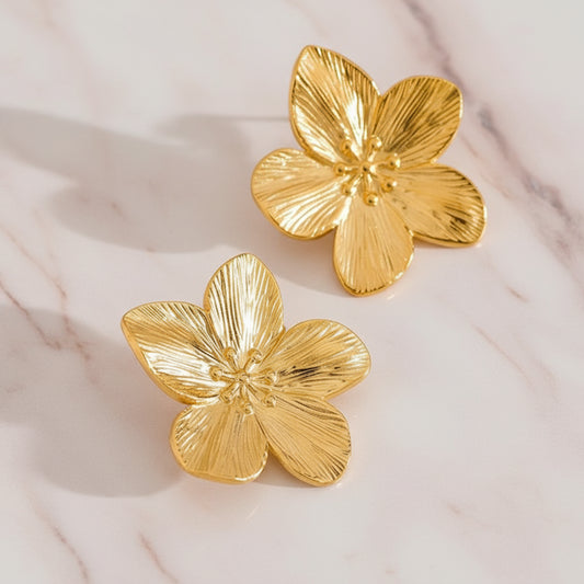 boucle d'oreille fleur en acier inoxysable couler or