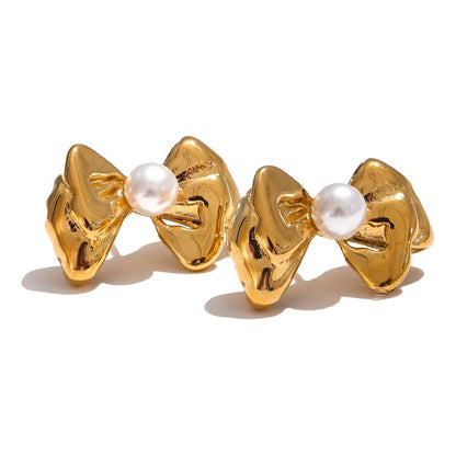 boucle d oreille noeud avec perle en acier doré