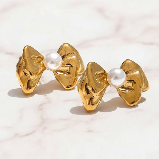 boucle d oreille noeud avec perle en acier doré