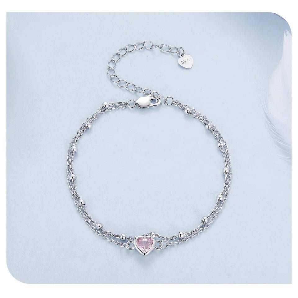 bracelet-femme-argent-double-couche-cœur-et-zircon-rose