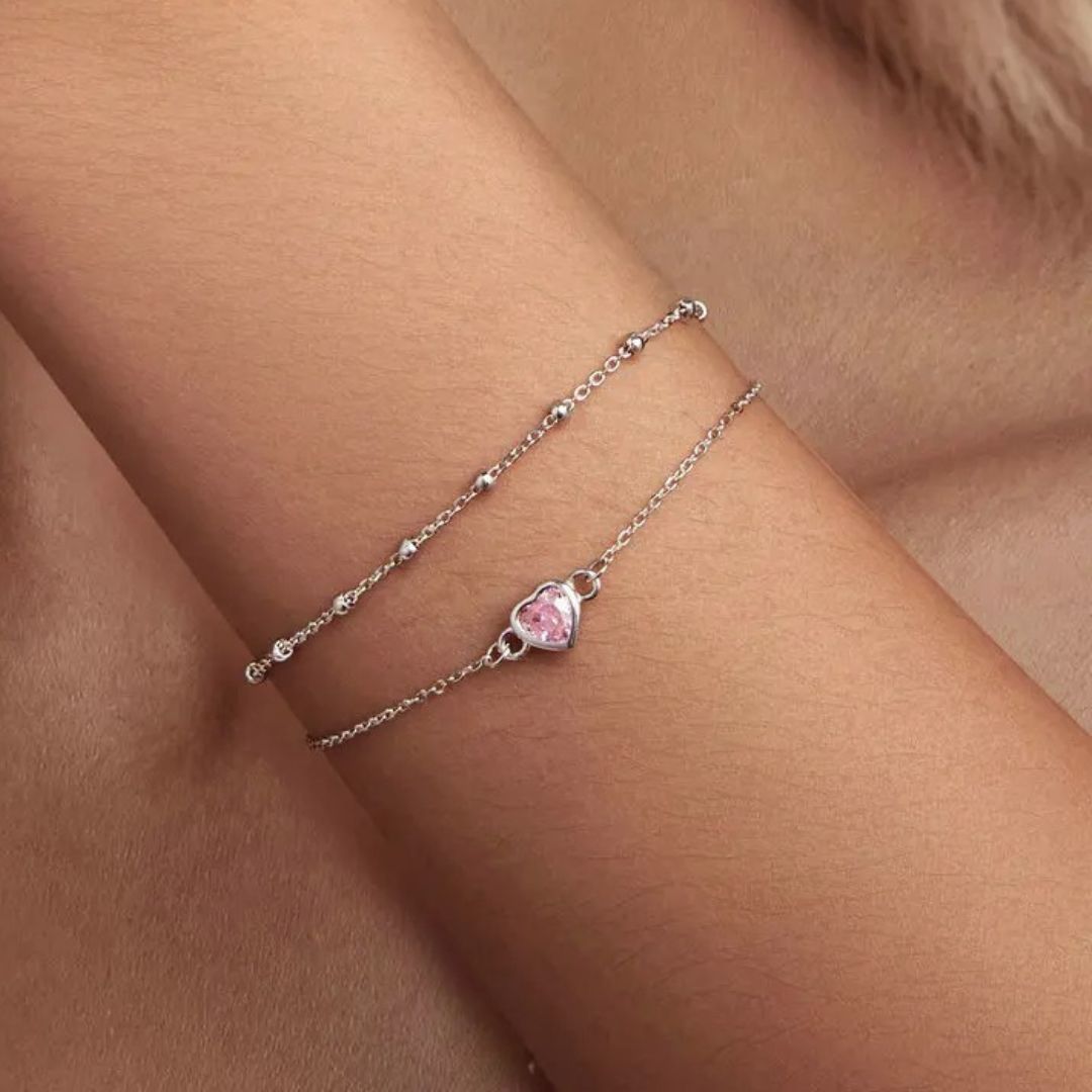bracelet-femme-argent-double-couche-cœur-zircon-rose