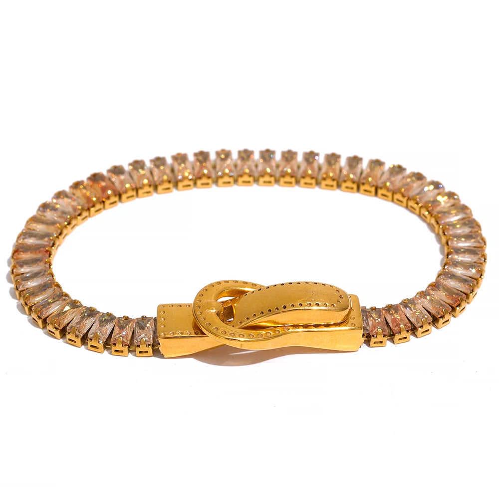 bracelet femme tendance en acier plaqué en et zircone couleur champagne