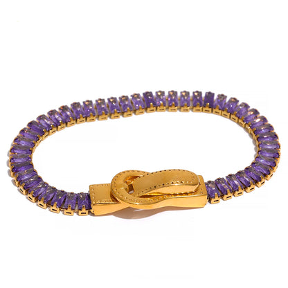 bracelet femme tendance en acier plaqué en et zircone couleur mauve