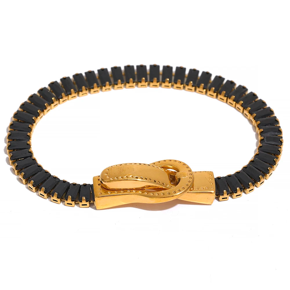 bracelet femme tendance en acier plaqué en et zircone couleur noire