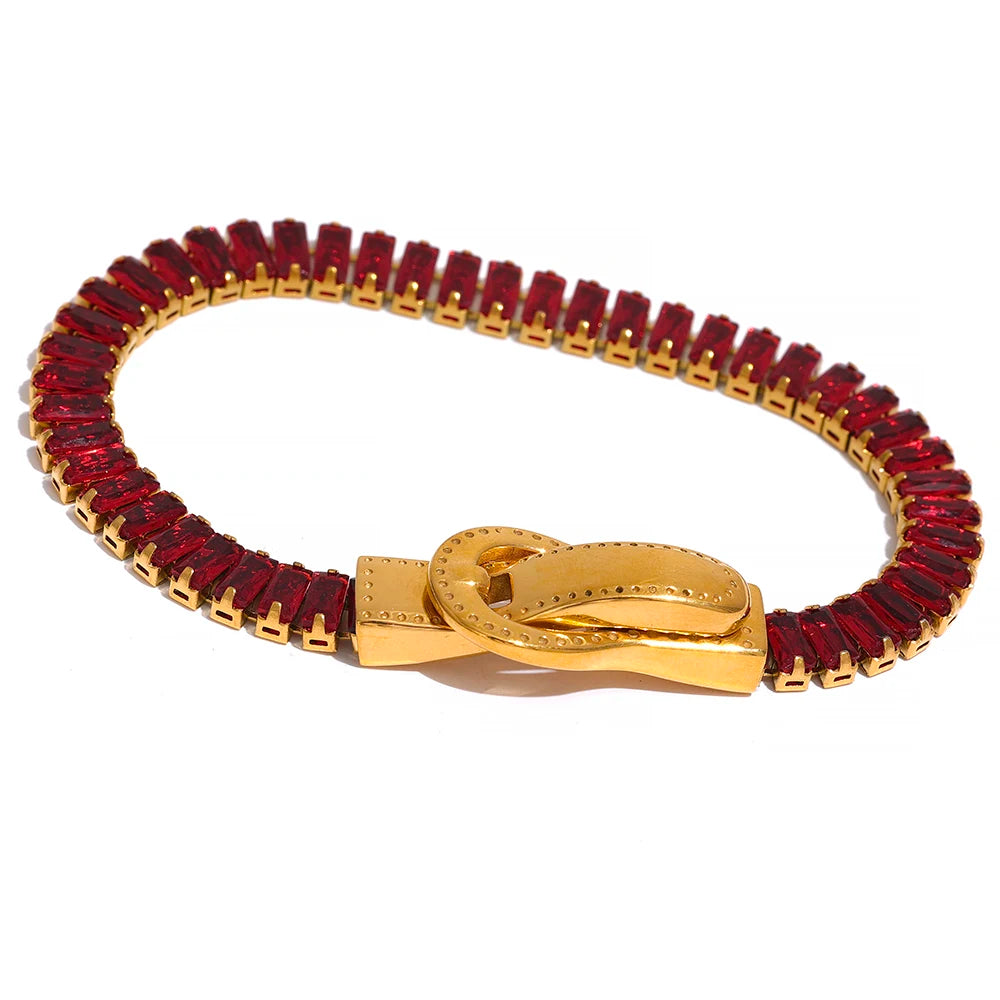 bracelet femme tendance en acier plaqué en et zircone couleur rouge