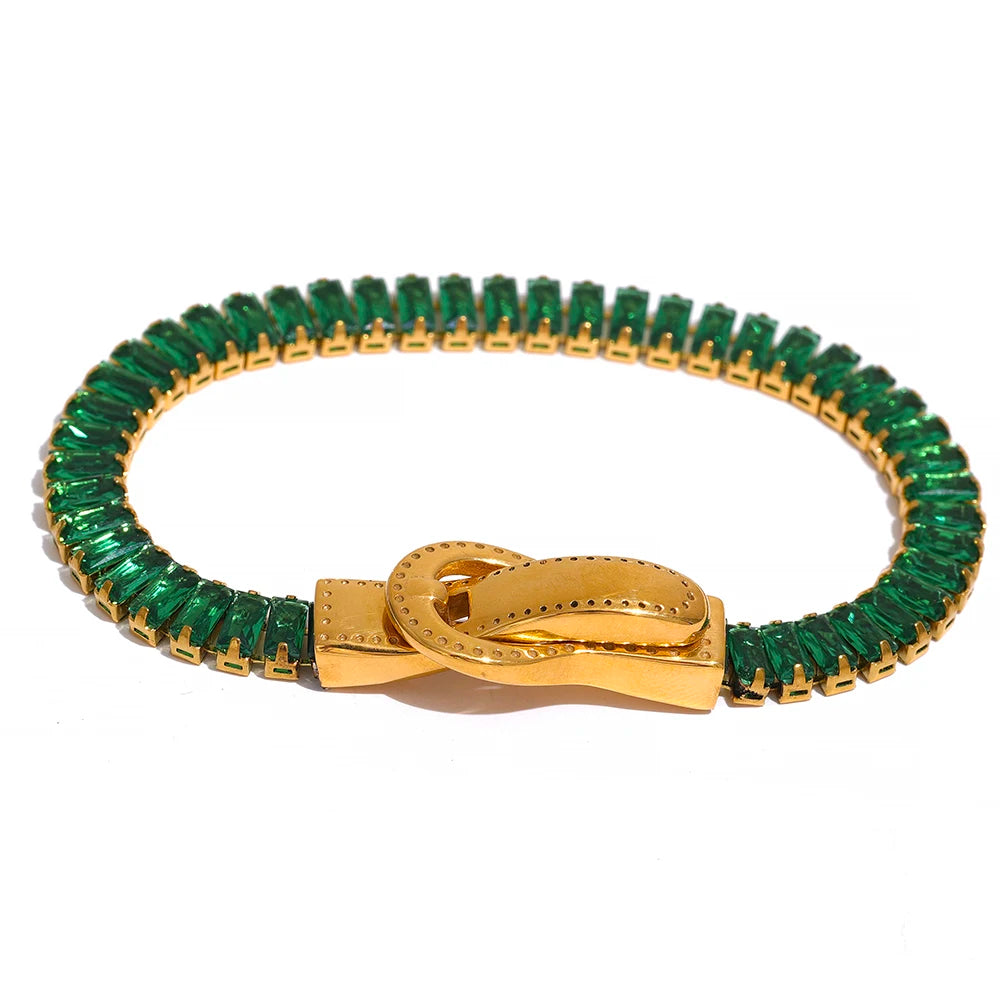 bracelet femme tendance en acier plaqué en et zircone couleur vert