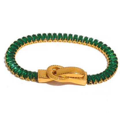 bracelet femme tendance en acier plaqué en et zircone couleur vert
