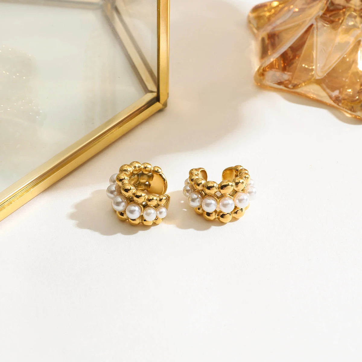 ear cuff élégant à trois couches avec perles en acier inoxydable plaqué or 