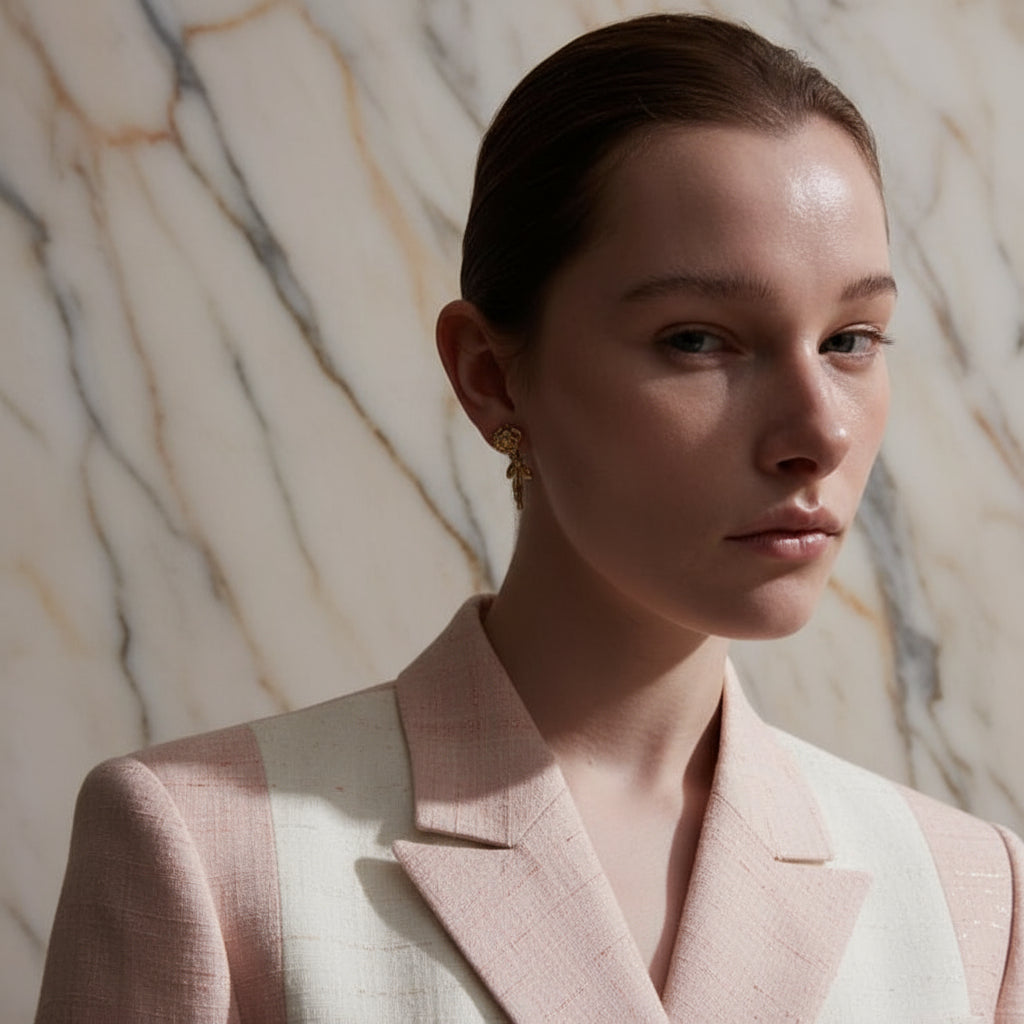 femme élgante porte notre boucle d'oreille noeud acier inoxydable 